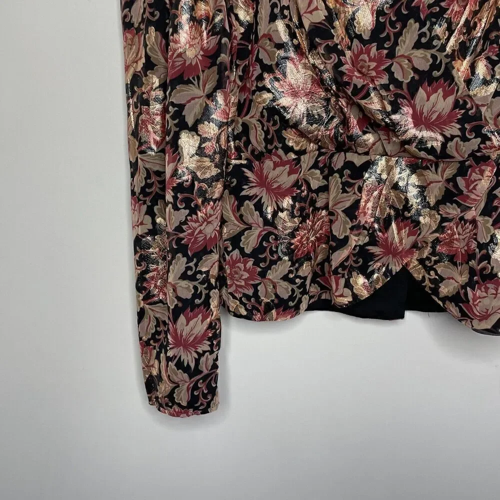 EXPRESS Top Womens Small S Metallic Gold Red Floral Peplum Blouse NEW Faux Wrap - Picture 3 of 10